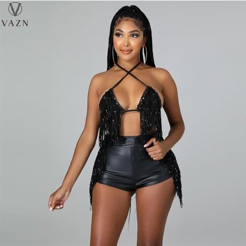 VAZN 2021 Women Fashion New Sexy Club Party Style Sets Sleeveless Short Top Elastic Short Pants Pure Color Two Piece Sets