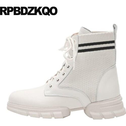 Lace Up Shoes Women Ankle Boots 2021 Round Toe Beige Short Winter Military Chunky Fur Combat Block Knit Booties Army British New