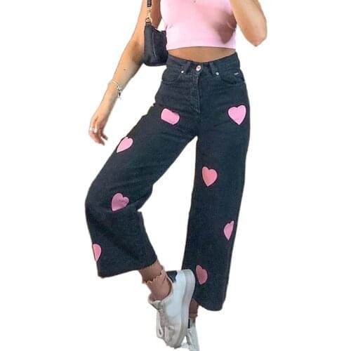 Heart Print Black Jeans Women Casual Loose High Waist Straight Jeans Teen Girls Fashion Denim Wide Leg Pants