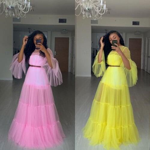 Baby Pink Yellow Sheer Long Dress Ruffle Tulle Women Dresses See Through Custom Made Party Night Gowns No Belt