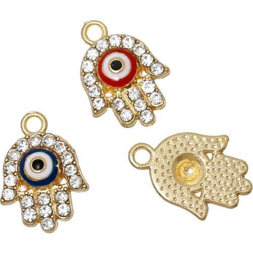 DoreenBeads Charm Pendants Hamsa Symbol Hand Gold color At Random eye of Evil Clear Rhinestone Enamel 17mm x 12mm ,10 PCs