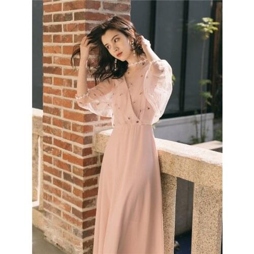 French Pink Fairy Dress 2021 Dress Summer New Womens Vintage Mesh Stitching Embroidery Sweet Long-Sleeved temperament Vestidos