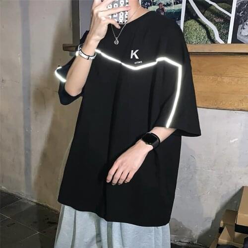 Summer Reflective Tshirt Streetwear Male Japanese Cool Loose 100% Cotton T Shirt High Street Oversize Half Sleeve T Shirt Funny