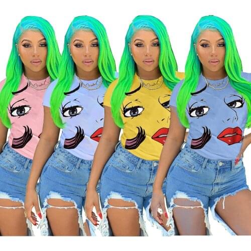 Face Print Round Neck Top Short Sleeve T-shirt 2021 Summer Womens Top Casual Design Strong Versatile Sweet Spicy Sexy T-shirt