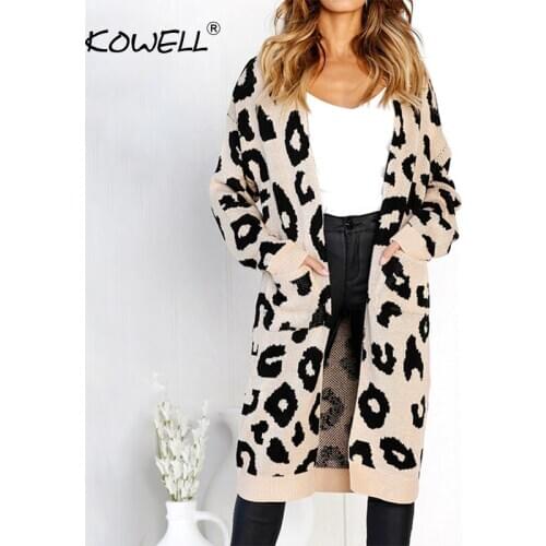 Hot Sale Leopard V-neck Casual Knitted Cardigans 2018 Autumn Winter Long Sleeve Sweaters Casual Tops Pockets Long Coat For Women