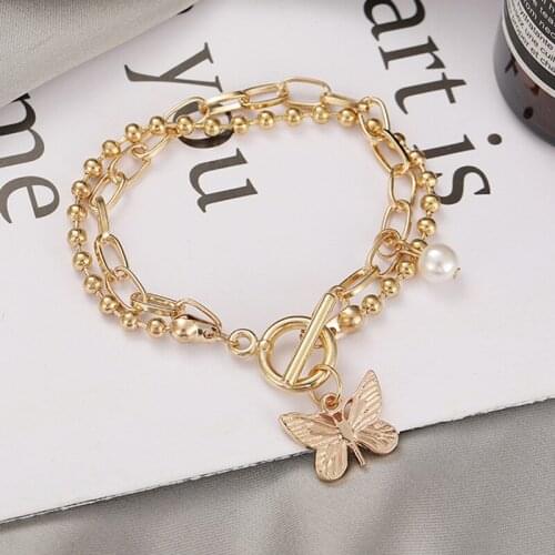 Korean Butterfly Pearl Chain Bracelet For Women Girls Gold Lock Key Rhinestone Lock Bangles Bracelets Jewelry Gifts
