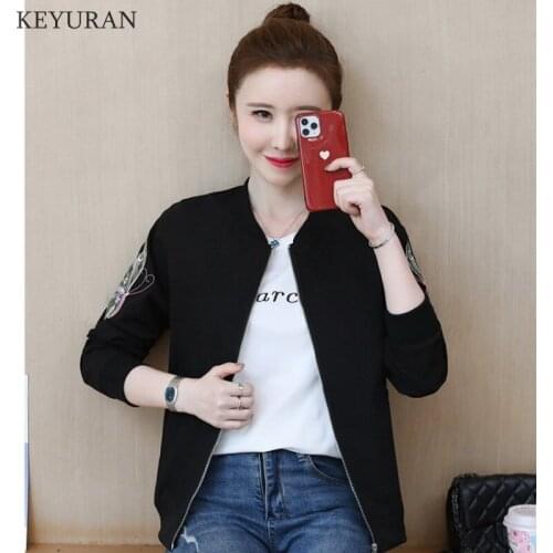 New Autumn Womens Casual Jackets Embroidery Stand Collar Zipper Coat Female Long Sleeve Outwear Casual Short Bomber Jacket Tops
