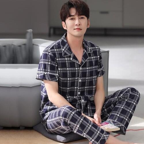 Summer Mens pajamas suit Short-sleeved Long Cotton Plaid Two-piece Home Service Mens Pajamas Men Sleepwear Pajama set Plus size