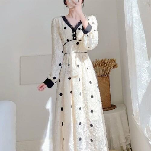 2021 New Women Long Dresses Elegant Fashion Vintage Dot Fashionable Party Lace Chiffon Ladies Casual Long Sleeve Dress Vesidos
