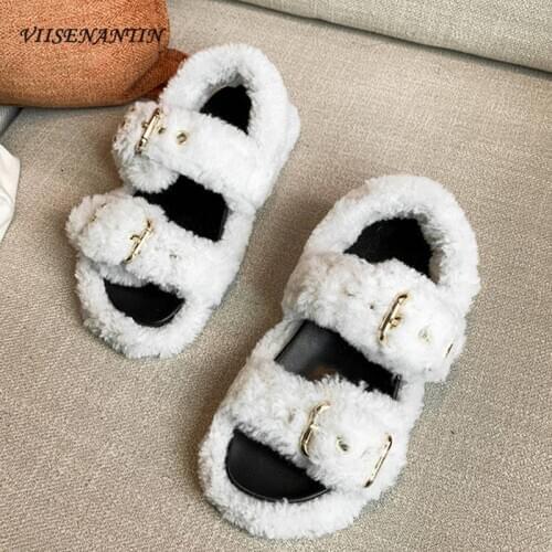 Roman Shearling Fur Buckle Strap White Shoes Women Autumn New Flat Sole Fashion Lazy All-match Mid Heel Open Toe Casual Sandals