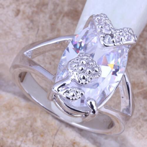 Super White CZ Silver Plated Womens Flower Ring Size 6 / 7 / 8 / 9 R0951