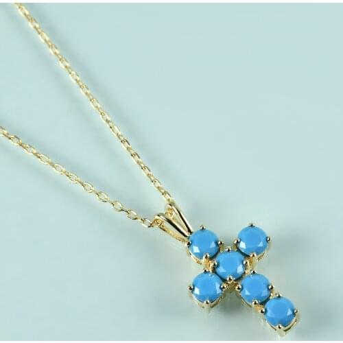 GEMS BEAUTY 14K Gold Filling Sterling Silver Cross Necklace Created Turquoise Handmade Pendant For Women Gift