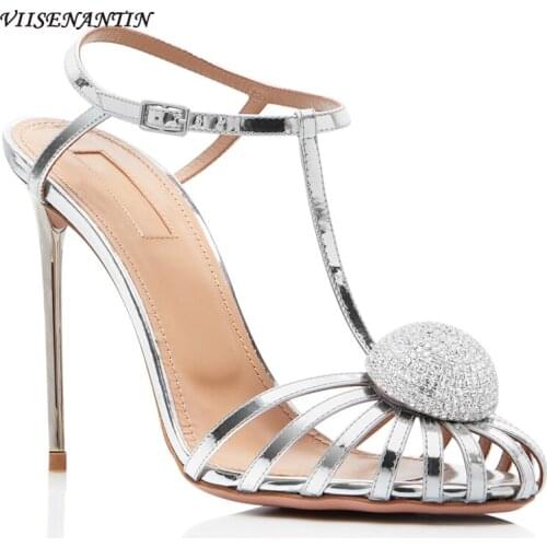 Summer Shining Rhinestone New High-heeled Shoes Women Stiletto All-match Leather Corrugated Strap Silver Party Roman Sandals