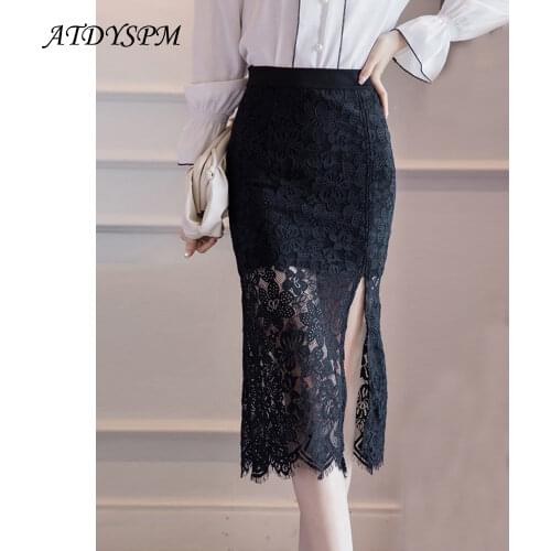 ATDYSPM Women Skirts Sexy Lace Stitching Pencil Skirt Female High Waist Elegant OL Skirts Stretch Plus Size S-5XL Casual Skirts