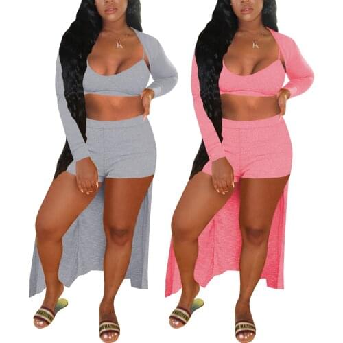 Women Cotton Three-Piece Set Sexy Square Collar Sleeveless Short Vest High Waist Shorts Long Jackets 3PC Set Sports Casual Suit