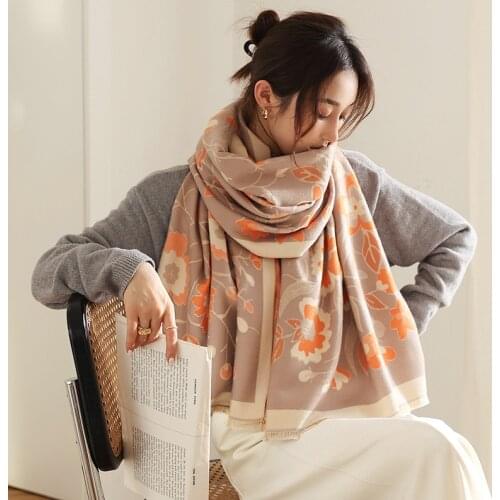 Floral Print Cashmere Warm Scarf Hijab Women Winter Autumn Warm Soft Pashmina Thick Blanket Head Scarves Female Foulard 2021