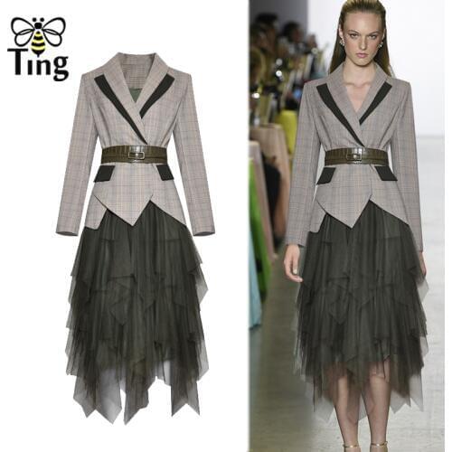 Tingfly 2020 New Designer Vintage Elegant Women 2 pcs Set Plaid Suit Coat + Mesh Skirt Women Office Work Fashion Sets Dress Set