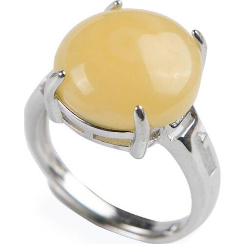 Genuine Natural Yellow Transparent Rare Round Stone Bead Fashion Stering Sliver Women Adjustable Size Ring 13*13*10MM
