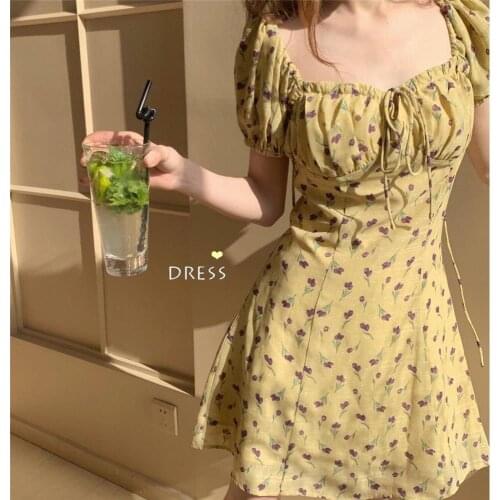 Print Floral Yellow Dress Cotton Mini Short Vestido Festa Sundress Runway Korean Style Women Sweet Vestidos 2021 Vetement Femme