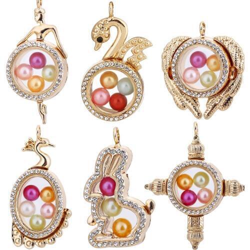 Gold Color Magnetic Glass Floating Charms Locket Pendant Memory Photo Lockets Necklace Free Steel Chains