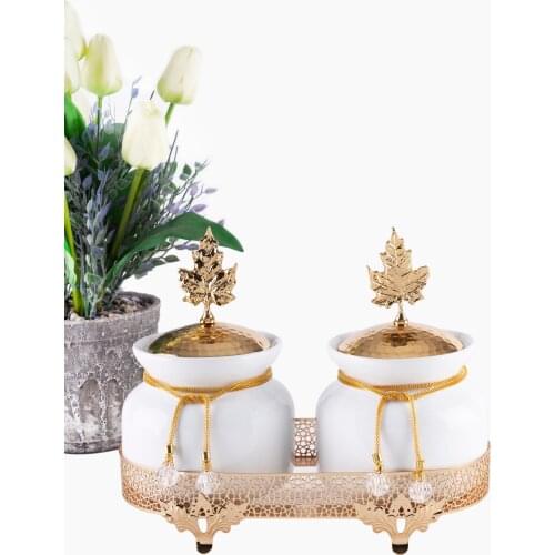 2 Piece Porcelain Spice Coffee Tea Rice Storage Jar Gold Colour Kitchen Set Classical Design Luxury Metal Stylish Decorative