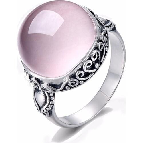 MOONROCY Ancient Silver Color Pink Opal Trendy Ring Womens Adjustable Ring Vintage Crystal Jewelry Summer Girls Dropshipping