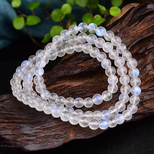 6mm Natural Blue Light Moonstone Bracelet 3 Laps Clear Beads Round Stretch Women Men Fashion Stone AAAAA