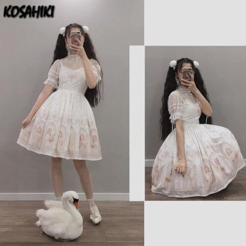 KOSAHIKI Lolita High Waist Vintage Print Party Dress Sleeveless Spaghetti Strap Kawaii Sweet Vestido Birthday Gothic Ropa Mujer