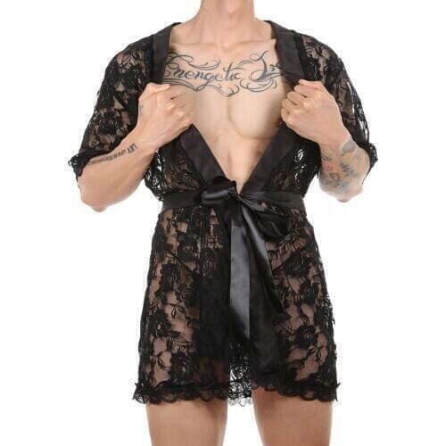 See-through Lace Sexy Men Lingerie Erotic Underwear Porno Bathrobe Sleepwear Cardigan Transparent Nightwear with Thong Belt Sets