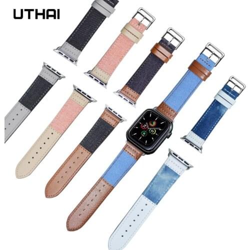 Leather+Canvas Strap For Apple Watch Band 44mm 40mm 42mm 38mm For IWatch Series 1 2 3 4 5 6 SE Watchband UTHAI A87