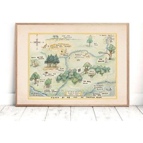 Nordic Posters and Prints 100 Acre Wood Map Canvas Painting Vintage Nursery Wall Pictures for Living Room Home Decor No Frame