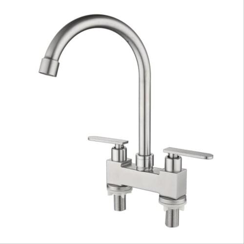 G1/2 304 Stainless Steel Double Hole Basin Faucet Bathroom Hot And Cold Water Mixing Valve Tap 360° Rotating Big Bend Bibcock