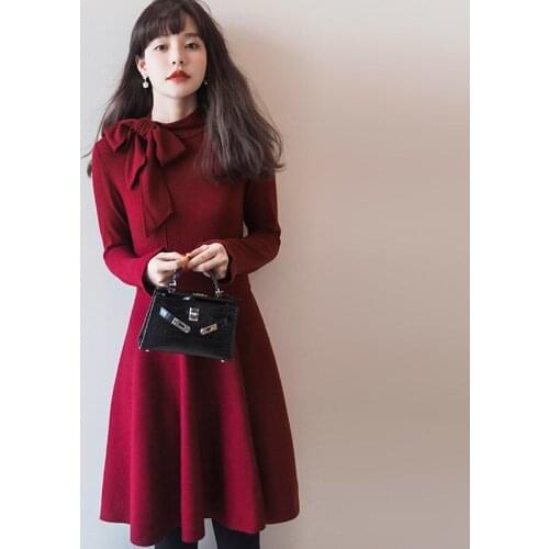 Vintage Temperament Knitted bodycon Sweater Dress Autumn Winter 2021 Bow Lace Up Long Sleeve Slim A-line Party Dress for Women