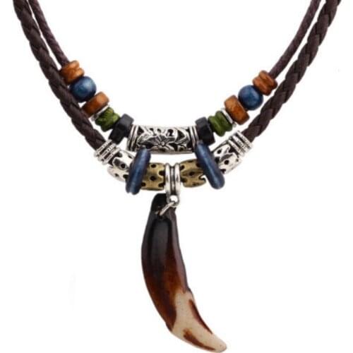 Vintage Mens Wolf Tooth Pendant Leather Beaded Weaved Prayer Necklace Jewelry