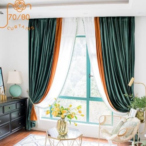 High-end American Solid Color Flannel Lace Stitching Blackout Curtains for Living Room and Bedroom Customized Products