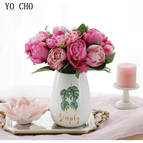 YO CHO 1 Bundle Silk Peony Bouquet Home Table Decoration Accessories Fake Flores Wedding Party Decor DIY Faux Tea Rose Flowers