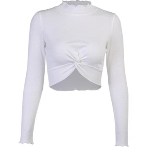 Women Blouse Solid Color Wavy Neck Long Sleeve Knot Blouse Short Blouses Woman Fashion Shirt Clothing 2020