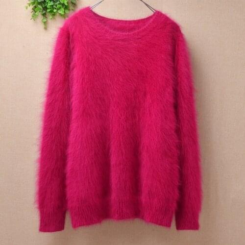 Ladies women fashion hairy fuzzy mink cashmere knitted long sleeves slim blouses pullover angora fur jumper sweater pull tops