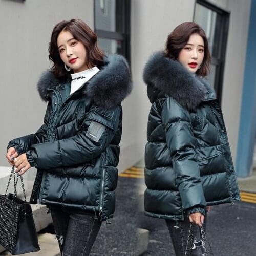 2021 New Winter Jacket Parkas Women Glossy Down Cotton Jacket Fur Collar Hooded Parka Warm Female Cotton Padded Jacket 3XL 2390