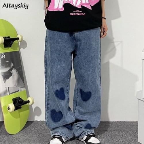 Women Jeans Summer Korean Wide Leg Fashion Heart-Embroidery Pockets Full Length Baggy Vintage Streetwear Harajuku Female Cozy