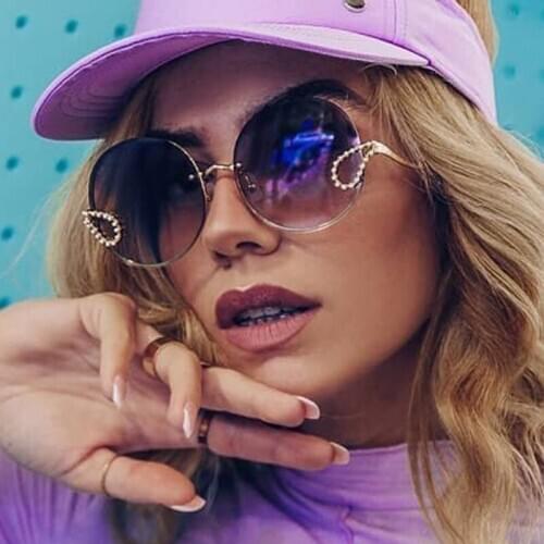 Womens Metal Round Rhinestone Sunglasses Oversized Shades Fashion Trending Gradient Sun Glasses For Women Fashion 2020 Brown