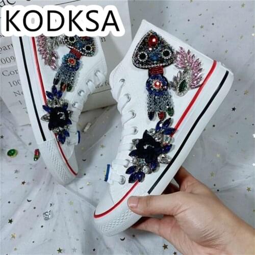High Top Canvas Shoes For Women Heavy Industry Diamond Beaded Womens Shoes 2021 Spring And Autumn New Lace-up Platform Casual S