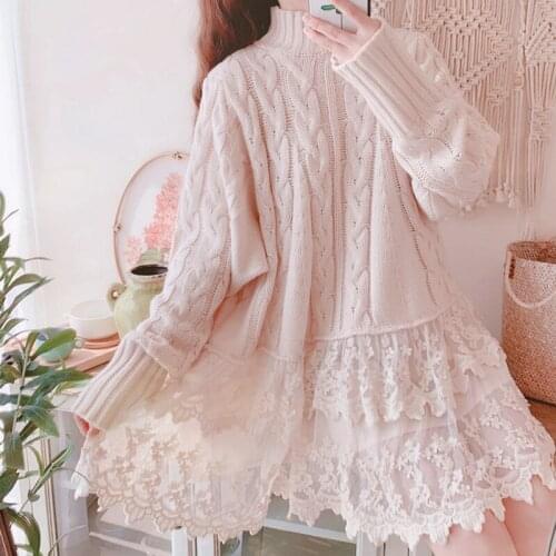 Sweet Mori Girl Lace Embroidery Christmas Sweater Oversized BatSleeve Women Poncho Knitwear Sweater Lolita Doll Coat Pullovers