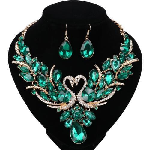 Luxury Gold Color Green Crystal New Collier Femme Double Swan Statement Necklace Earring For Women Party Wedding Jewelry Sets