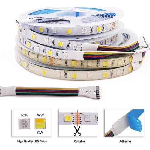 12V 24V RGBCCT LED Strip Light SMD5050 60Leds/m Stripe 12V 24V Flexible LED Tape Ribbon Waterproof String Rope for Decoration 5M