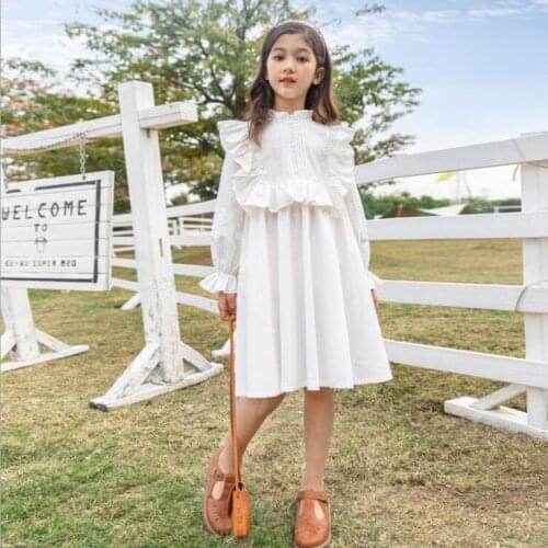2021 Spring New Girls Cotton Dress Teenage Kids Clothes Baby White Ruffles Clothing Ruched Long Sleeve Wedding Princess Dresses