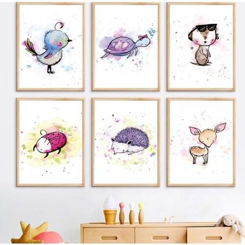 Watercolor Tortoise Hedgehog Deer Monkey Bird Wall Art Canvas Painting Nordic Posters And Prints Wall Pictures Kids Room Decor
