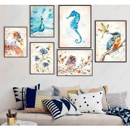 Watercolor Animal Wallpaper Canvas Painting Seahorse Bird Peacock Art Elegant Poster Craft Picture Print Decoration Home