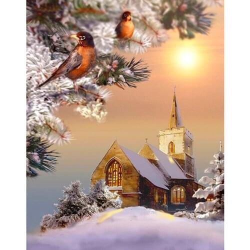 Diamond Painting Full Square/Round Robins Church 5D DIY Diamond Painting Cross Stitch Rhinestone Embroidery Mosaic Painting Hobb