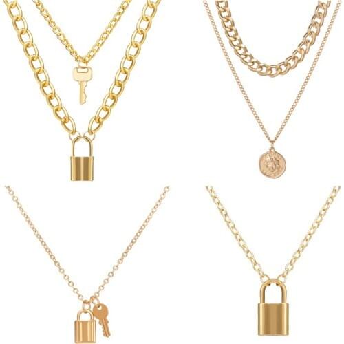 AY New Goth Lock Coin Pendant Necklace for Women 2020 Punk Gold Color Miami Cuban Chain Choker Necklace Female Fashion Jewelry